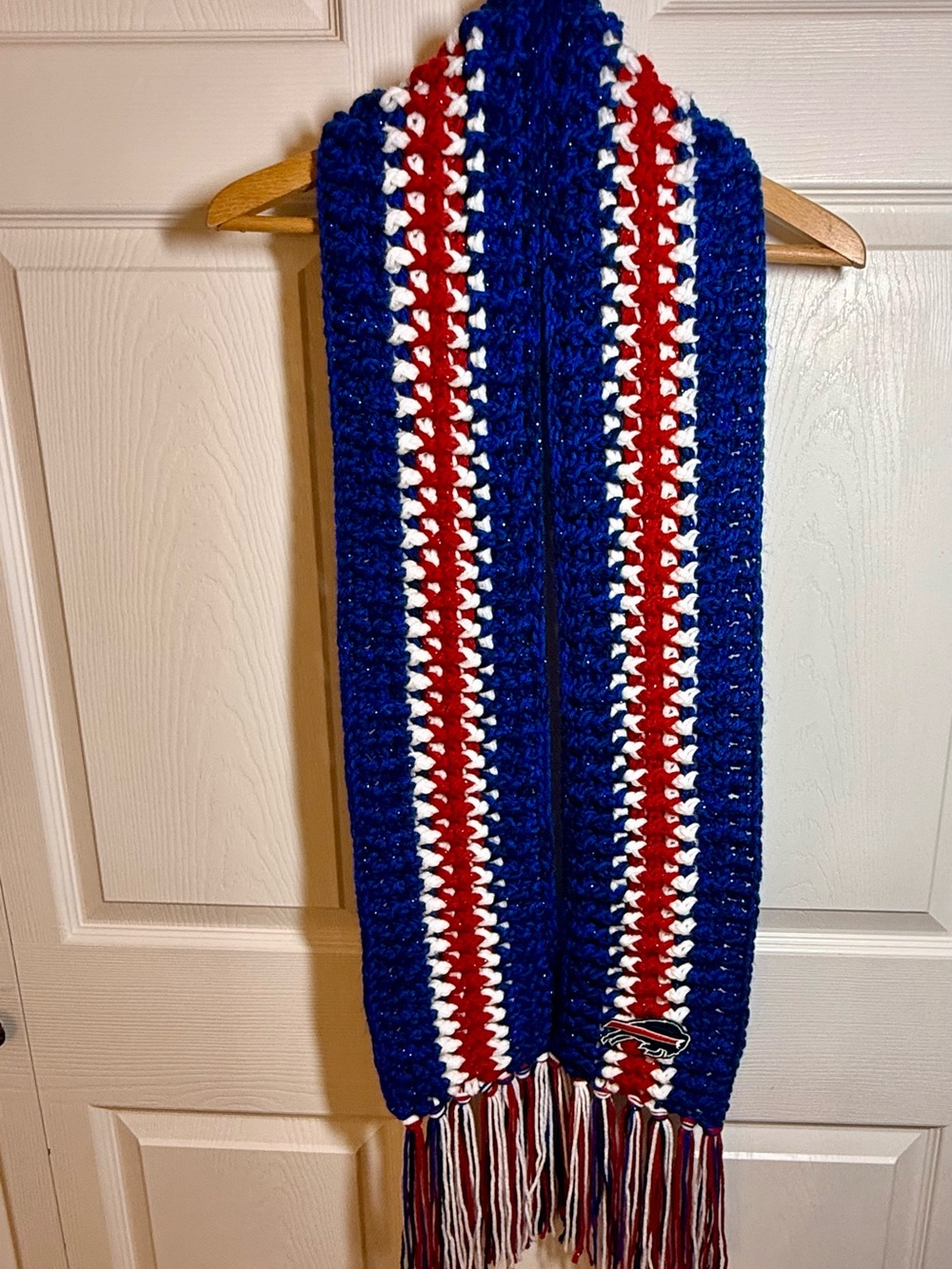 Buffalo Crocheted Fan Scarf in Blue, Red & White